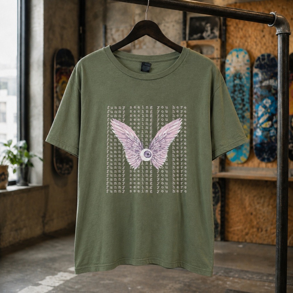 Softstyle Funny Seeing You Here Tee Olive Green Mens XL Trippy Butterfly Angel
